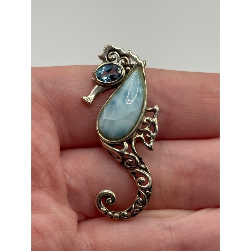Sterling Silver Seahorse Larimar Blue Topaz Pendant 925 CFJ Collins